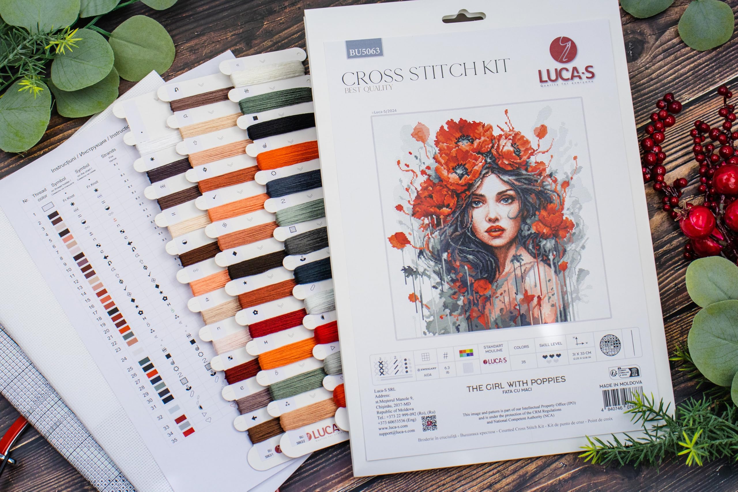 Luca-S Cross Stitch Kit, Counted Cross Stitch Craft Supplies for Adults, Embroidery Kit The Girl with Poppies, BU5063 - Image 4