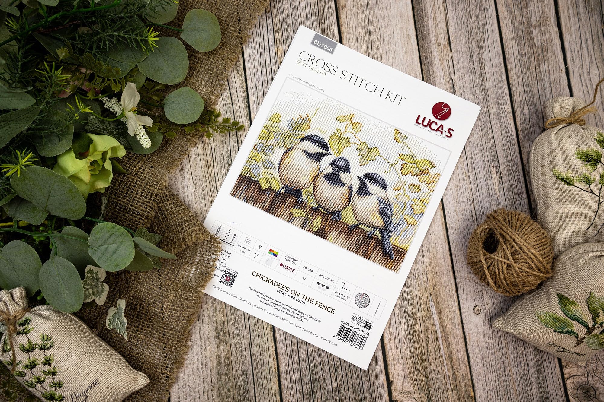 Luca-S Cross Stitch Kit, Counted Cross Stitch for Adults, Embroidery Kit Chickadees On The Fence, BU5066 - Image 3