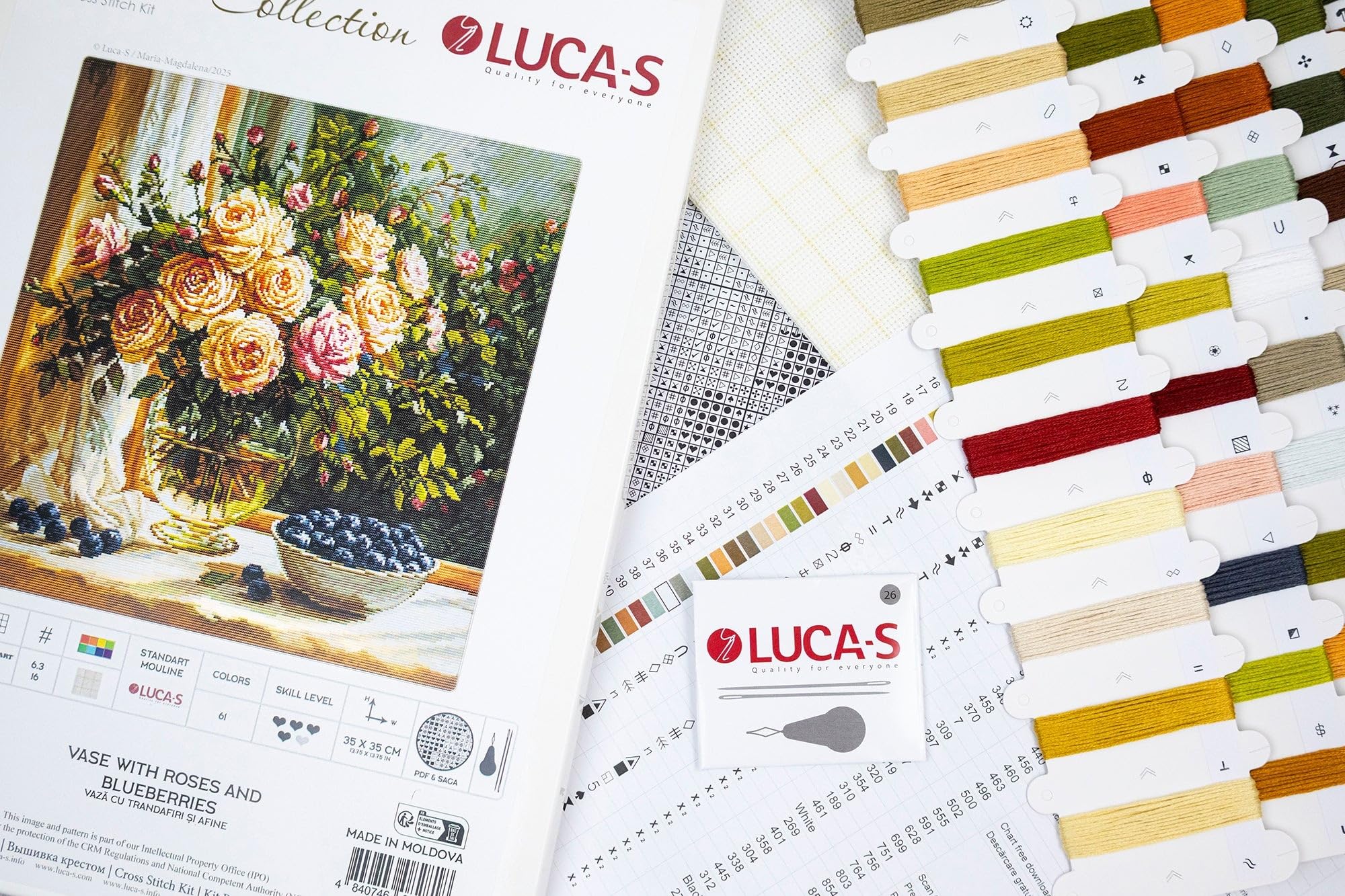 Luca-S Cross Stitch Kit Gold - Vase with Roses and Blueberries, B719, Counted Cross Stitch Kit for Adults, Needlecraft and Embroidery Kit - Image 4