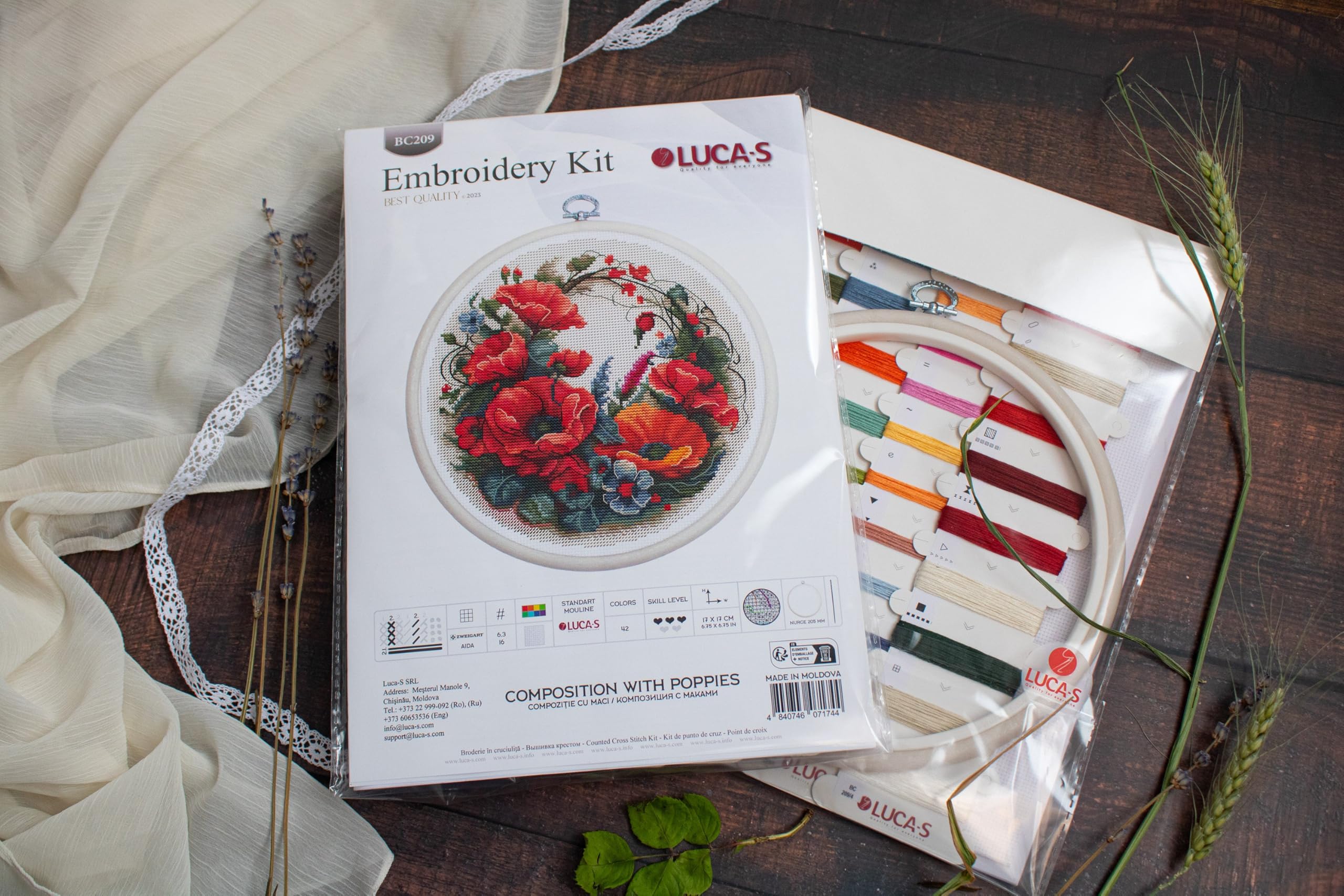 Luca-S Cross Stitch Kit with Hoop - Composition with Poppies, BC209, Counted Cross Stitch Kit for Adults, Embroydery Kit - Image 4