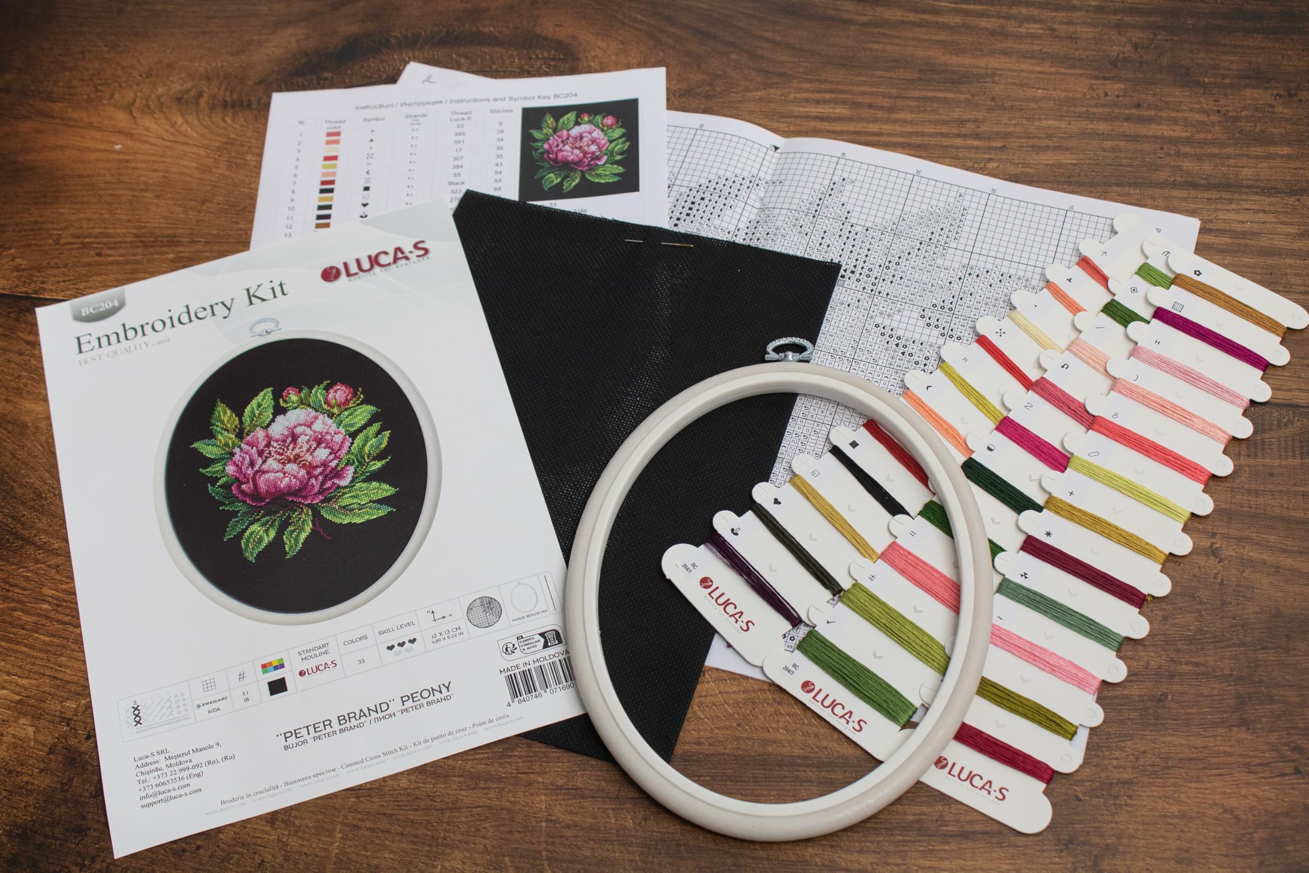 Luca-S Cross Stitch Kit with Hoop Included - ’’Peter Brand’’ Peony, Counted Cross Stitch Kit for Adults, Embroidery Kit, BC204 - Image 5