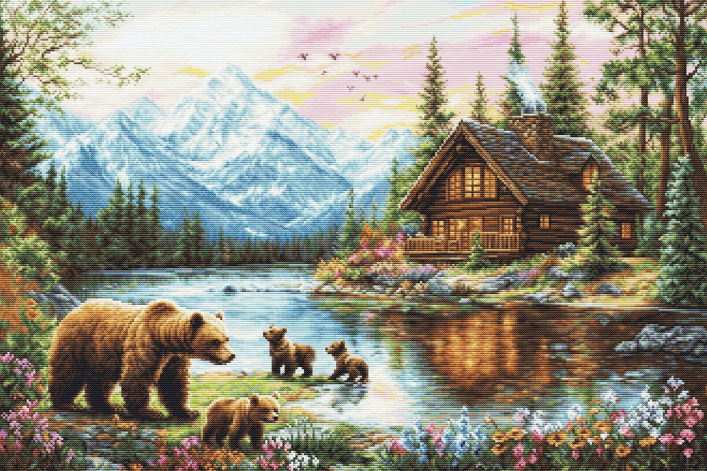 Luca-S Petit Point Kit Gold - Cubs‚ Adventure, G726, Counted Cross Stitch Kit for Adults, Needlecraft and Embroidery Kit
